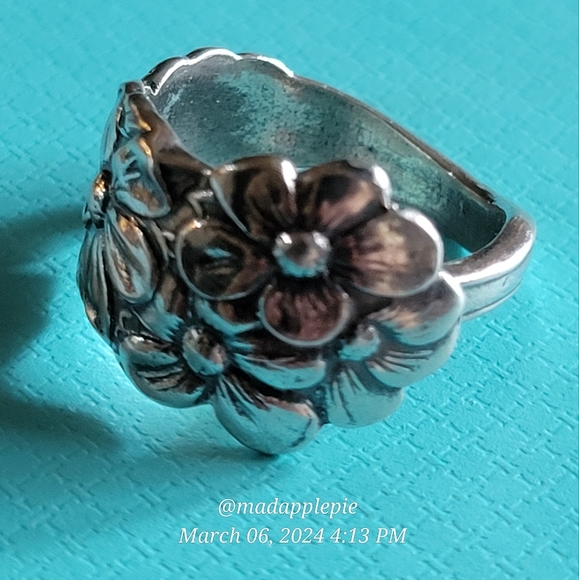 Antique Vintage Forget Me Not Spoon Ring in Sterling Silver Luxury Designer - Picture 4 of 16